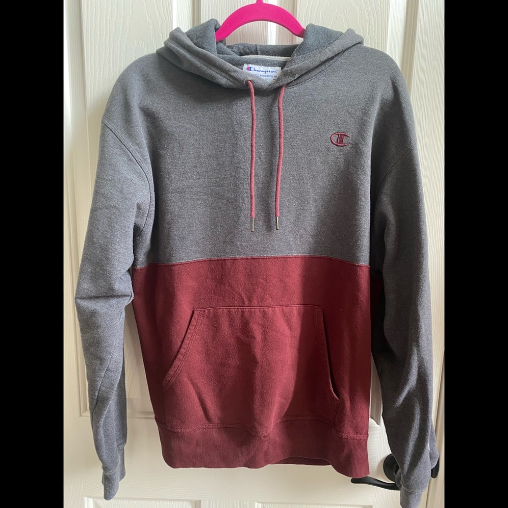 Champion, burgundy and charcoal grey hooded sweatshirt, men’s size L.